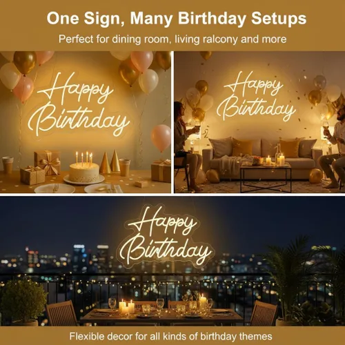 Miniatura 5 de Letrero de neón de feliz cumpleaños, 22 x 16.9 pulgadas, grande, blanco cálido, regulable, luz LED, telón de fondo de neón para decoración de pared