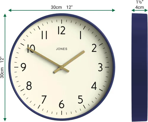 Miniatura 3 de JONES CLOCKS® Reloj de Pared Studio Estilo Redondo Moderno 12 Pulgadas Azul Marino Oscuro Números Fáciles de Leer Diseño Versátil