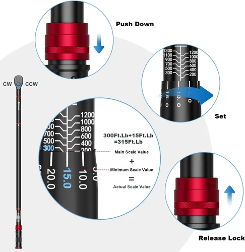 Miniatura 5 de SUERCUP Llave dinamométrica de clic de 1 pulgada, 200-1300 pies-libra/271-1761.5Nm, llave dinamométrica de clic de doble dirección de 48 dientes