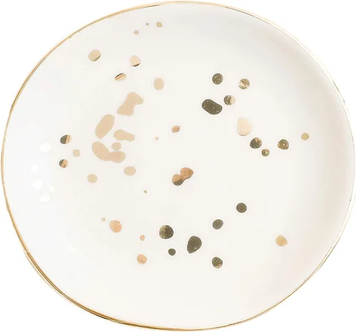 Plato de joyería moteado de oro blanco Bandeja circular de cerámica para decoración del hogar, regalo de boda para ella, organizador de escritorio,