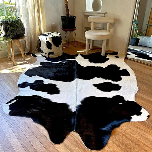 Alfombra de piel de vaca auténtica, alfombras naturales en blanco y negro para estética de sala de estar y dormitorio, alfombras de piel de vaca