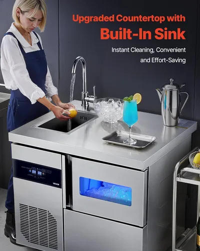Miniatura 3 de VEVOR Máquina comercial para hacer hielo, máquina de hielo de acero inoxidable de 132 libras/24 horas con fregadero, almacenamiento de 30 libras