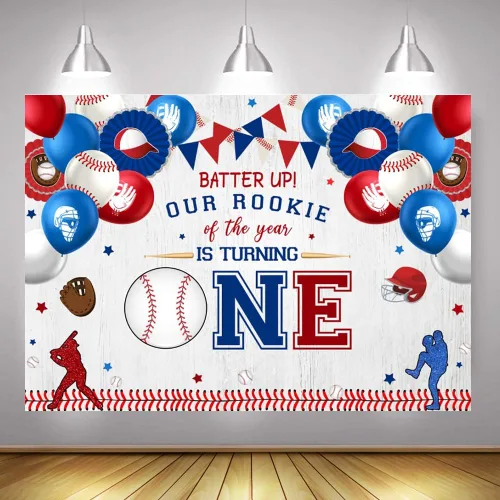Miniatura 5 de Mocsicka Telón de fondo de béisbol para el primer cumpleaños para niño con texto en inglés "My Rookie Year", decoración de fiesta de béisbol novato