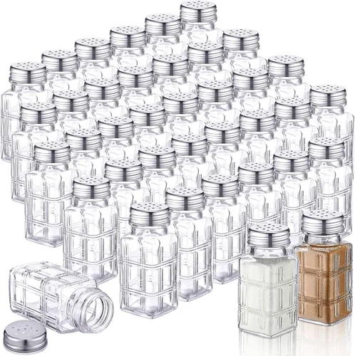 Miniatura 17 de Bokon Juego de 48 cocteleros de vidrio para sal con tapas de acero inoxidable de 2.7 oz, coctelero pequeño para especias para cocina, restaurantes