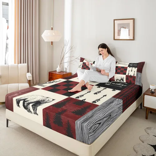 Miniatura 7 de Rustic Lodge - Juego de sábanas tamaño individual con diseño de oso y alce, diseño de retazos, color rojo y negro, a cuadros, ropa de cama de Multi