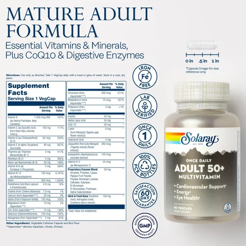 Miniatura 2 de Solaray Once Daily Adult 50+ Multivitamínico completo para mujeres y hombres, vitaminas esenciales y minerales quelados para energía saludable