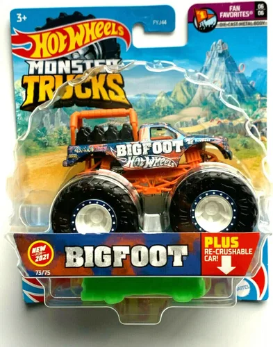 DieCast Hot Wheels Monster Trucks Bigfoot, camión de paseo con auto re-triturable 73/75 (escala 1:64)