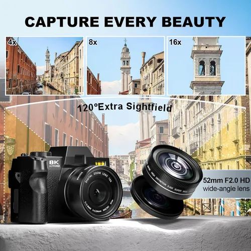 Miniatura 2 de Cámaras digitales de 8K y 64MP para fotografía, zoom de 16X, WiFi, pantalla abatible de 180°, enfoque automático, antivibración, lente gran angular