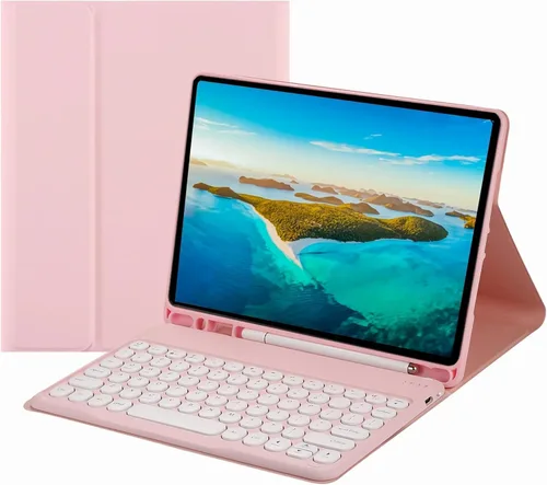 Funda de teclado para Galaxy Tab A8 de 10.5 pulgadas, funda con soporte de teclas redondas delgadas de color caramelo dulce con soporte para S Pen,