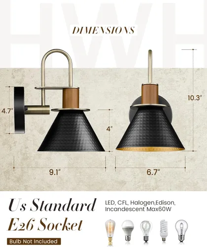 Miniatura 3 de Aplique de Pared Negro, Lámpara de Aplique Industrial de Interiores HWH, Lámpara de Tocador de Pared Individual Negra Lámpara de Pared Estilo Negro