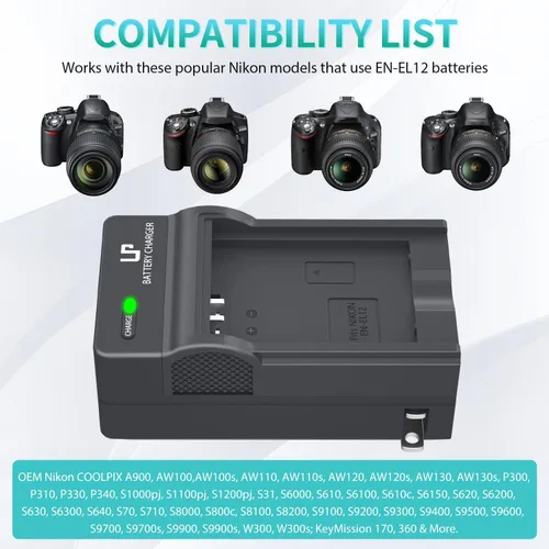 Miniatura 3 de Cargador de batería EN-EL12, cargador LP compatible con Nikon Coolpix A1000, B600, AW130, AW110, AW100, A900, W300, S1200pj, S9900, S9700, S9500