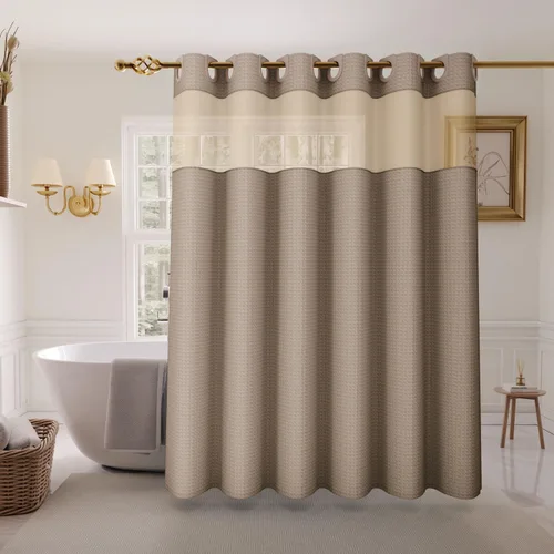 Inhousolu - Cortina de ducha sin gancho con juego de forro de tela a presión, tejido waffle 230 GSM dobladillo con peso, impermeable y lavable,