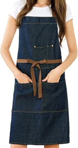 YukaBa Delantal de cocina de mezclilla ajustable azul con 5 bolsillos para mujeres y hombres con actualización optimizada (mezclilla)