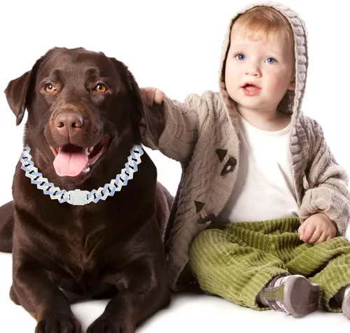 Miniatura 6 de Cadena de metal con diamantes para perros con hebilla segura, collares para mascotas para perros grandes y medianos Azul Blanco