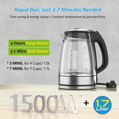Miniatura 5 de NISVITU Hervidor eléctrico inalámbrico de vidrio y acero inoxidable para hervir agua, hervidor de agua caliente Hervidor eléctrico de té con apagado