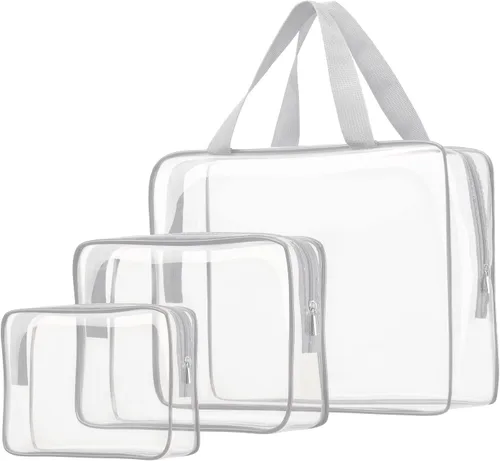 Miniatura 10 de 3 bolsas de cosméticos transparentes, aprobadas por la TSA, juego de bolsas de aseo transparentes para viajes, playa, bolsa de organización