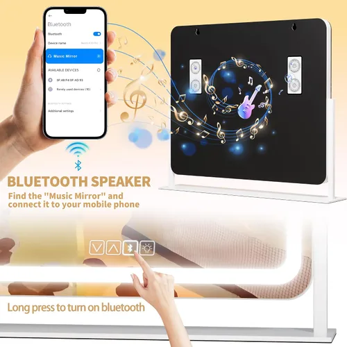 Miniatura 2 de Hasipu Espejo de tocador con luces y altavoz Bluetooth, espejo LED de maquillaje de 23.6 x 19.7 pulgadas, espejo iluminado con aumento de 10X