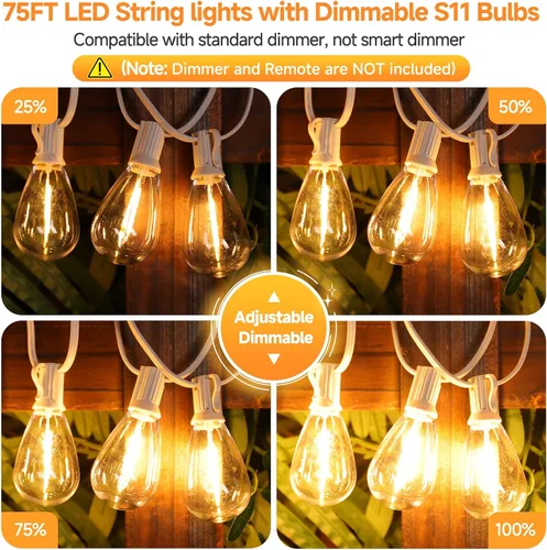 Miniatura 2 de Larkvue Tira de luces LED S11 de 75 pies para exteriores, luz regulable para patio, con 22+2 bombillas Edison de 2700 K impermeables, inastillables