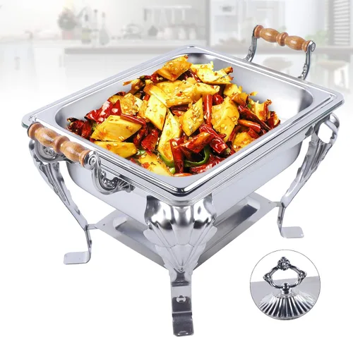 Miniatura 2 de Juego de bufé de platos de acero inoxidable 201, calentador de catering rectangular plateado, calentador de alimentos para fiestas, bufé