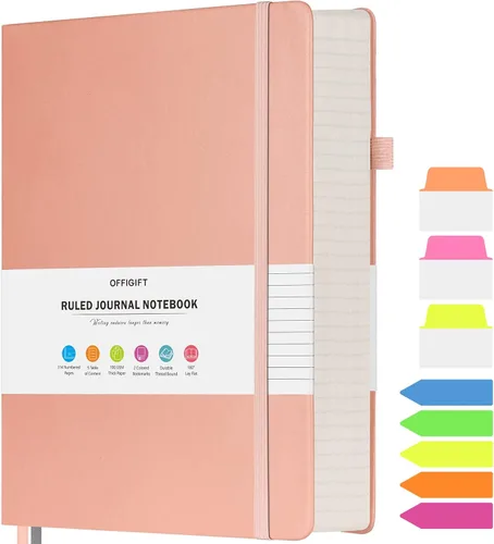 Cuaderno rayado, cuaderno grande A5 con rayas universitarias, cuaderno de trabajo de 312 páginas numeradas con calcomanías de índice, papel grueso