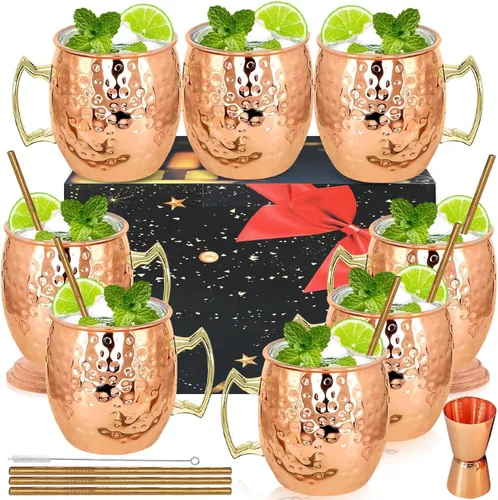 SuproBarware Moscow Mule - Juego de 8 tazas de acero inoxidable de 18 onzas, perfectas para bebidas frías, cócteles, bar en casa, con regalo