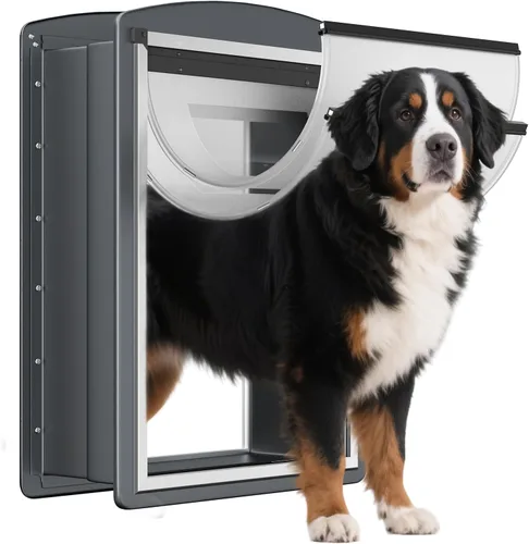 Miniatura 9 de FreeStanding Puerta para perro para pared, marco de acero, puerta grande para perro con túnel telescópico, doble solapa magnética y dos paneles