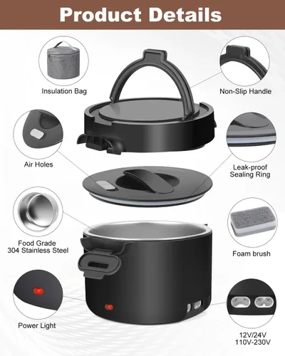 Miniatura 7 de Lonchera eléctrica para hombres, 1L/34oz 100W calentador de alimentos portátil a prueba de fugas calentador de alimentos para adultos 12V/24V/110V