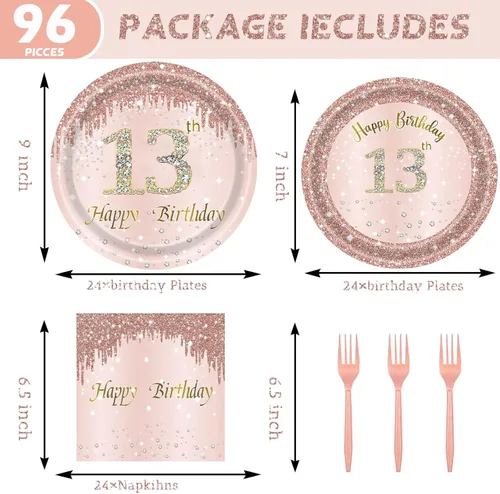 Miniatura 2 de 24 juegos de decoración de fiesta de cumpleaños número 13 de oro rosa para niñas, platos y servilletas para el cumpleaños número 13, tenedores
