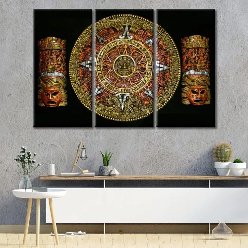 Miniatura 50 de Arte de pared de 3 piezas, pintura en lienzo del Día de los Muertos, Bailarín azteca, impresión sobre lienzo, festival mexicano, obra de arte