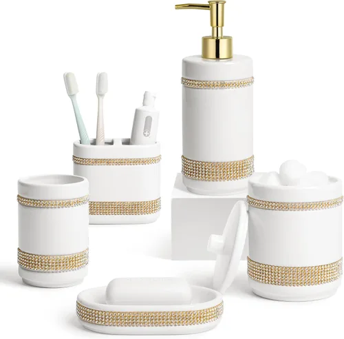 Miniatura 9 de RQYIXI - Juego de accesorios de baño de 4 piezas, soporte para cepillo de dientes, dispensador de jabón, decoración de baño de cerámica y madera