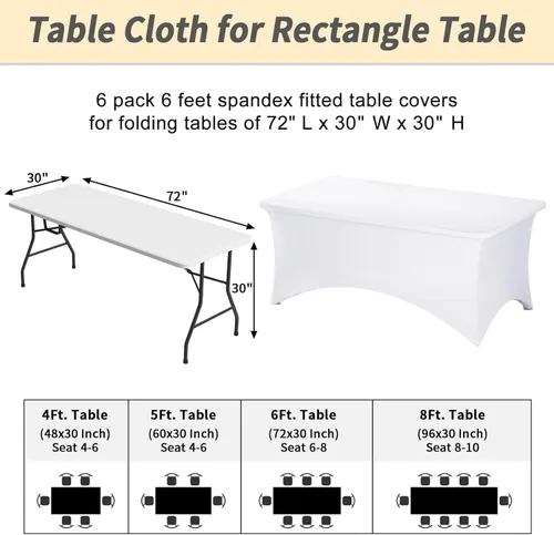 Miniatura 2 de TOMNK Paquete de 6 manteles rectangulares de elastano de 6 pies, resistentes y elásticos, para eventos, bodas, banquetes, fiestas