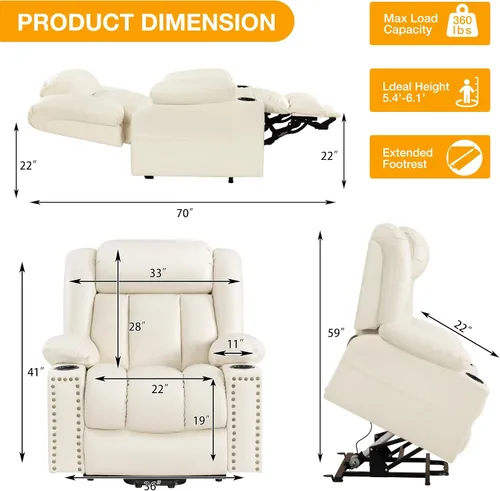 Miniatura 2 de Silla reclinable de elevación de gran potencia de triple motor para personas mayores con calor y masaje, sillas de elevación reclinables