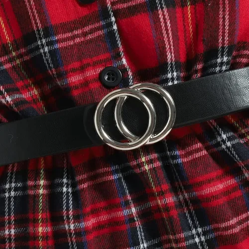 Miniatura 4 de Conjunto de cinturón de vestir de manga larga con volantes y estampado a cuadros para niñas pequeñas rojo 4-5 años