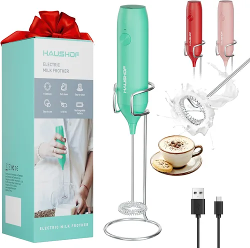 HAUSHOF Potente varita espumadora de leche recargable con soporte, espumador eléctrico de mano, mezclador de bebidas con batidor de acero inoxidable