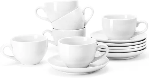 Juego de tazas de café de porcelana con platillo, taza y platillo de porcelana blanca de 6 onzas para capuchino, café con leche, bebidas de café y