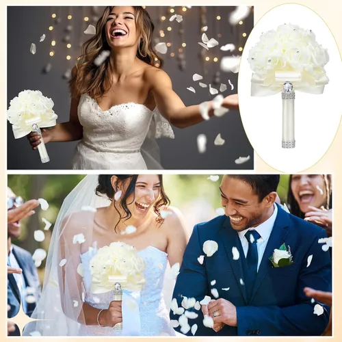 Miniatura 6 de Jutom Paquete de 10 ramos de boda para novia, rosas de dama de honor, ramo de novia, ramo de flores de boda con cintas suaves de diamante para Crema