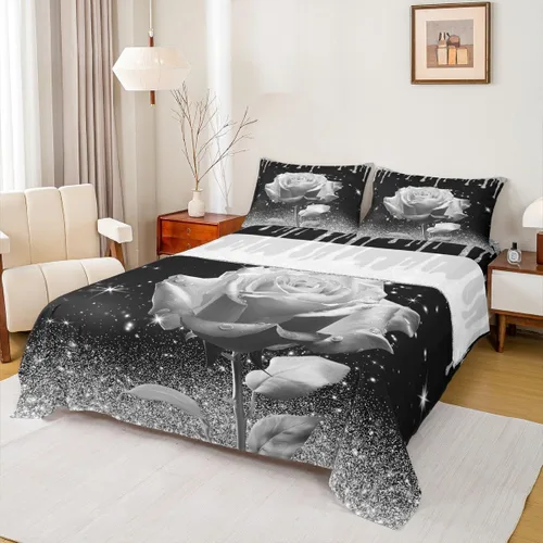 Miniatura 9 de Manfei Juego de sábanas de rosas rosas 3D tamaño individual, juego de ropa de cama brillante con purpurina rosa para decoración de habitación