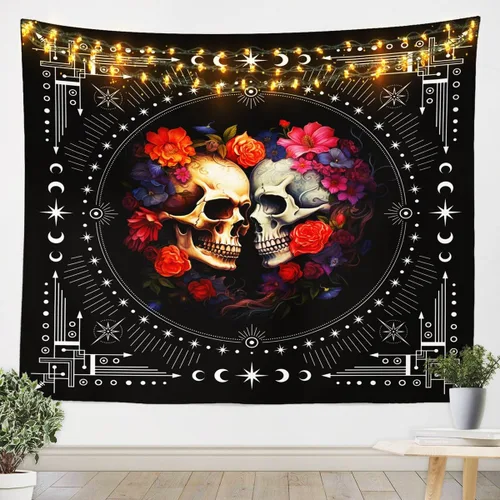 Miniatura 20 de Tapiz femenino de flores de rosas rojas, tapiz de pared para el día de San Valentín, decoración de habitación de niñas y mujeres, cielo estrellado