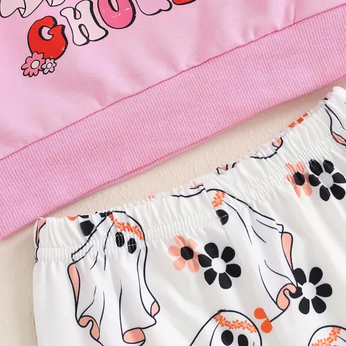 Miniatura 47 de Traje de Halloween para bebé niña, manga larga, cuello redondo, letras de fantasma, parte superior con estampado de fantasma, parte inferior