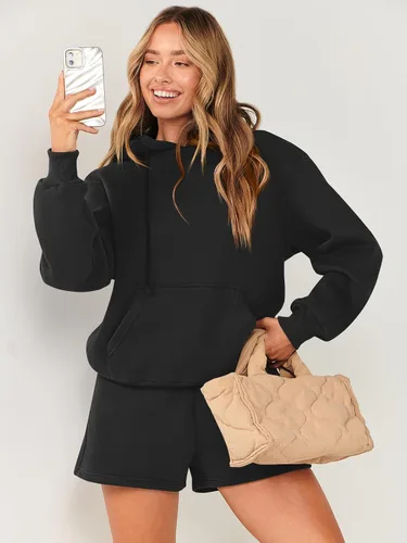 Miniatura 9 de ANRABESS Conjunto de 2 piezas para mujer, sudadera corta con cordón y capucha de gran tamaño, conjunto a juego