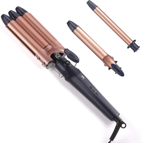 Badgley Mischka - Plancha para peinar, 3 accesorios que incluyen rizador de pelo de triple barril, rizador y rizador, calor ajustable hasta 410 °F,