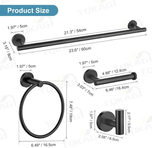 Miniatura 6 de TQKAG Juego de accesorios de baño negro mate, 5 piezas, juego de barra de toalla de acero inoxidable SUS304 juego de estante de toallas redondo
