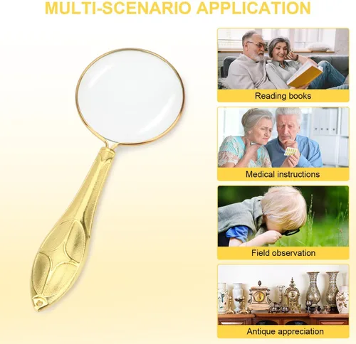 Miniatura 6 de Rongon Lupa pequeña de mano, lupa de lectura, lupas de mano con mango dorado de 0.197 x 1.772 in para trabajo cercano, pasatiempos de lectura