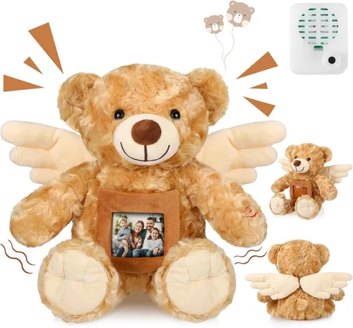 Miniatura 9 de Leyndo Oso de recuerdo de ángel de 12 pulgadas con grabador, juguete de peluche suave con un marco de fotos para baby shower, fiesta de cumpleaños