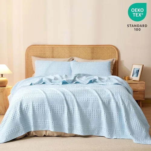 Miniatura 5 de PHF - Manta de punto gofre 100% algodón individual, suave, ligera, transpirable, acogedora, de verano, para cama, tejida, estética, decoración