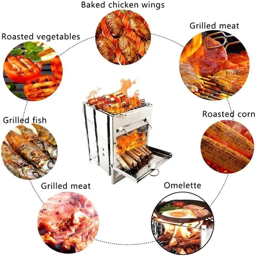 Miniatura 5 de Estufa de leña plegable para acampar con parrilla, estufa de campamento plegable para mochileros, estufa de supervivencia de acero inoxidable