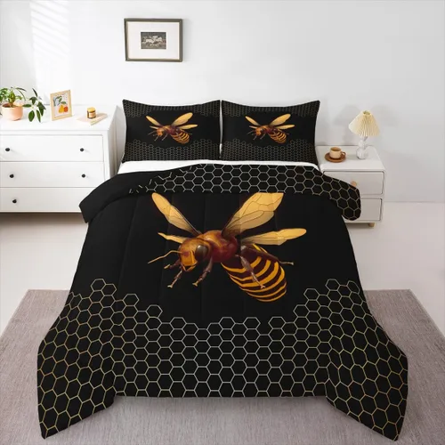 Erosebridal Honey Bee - Juego de edredón tamaño individual, color negro y dorado, juego de edredón de animales lindos con diseño geométrico de panal