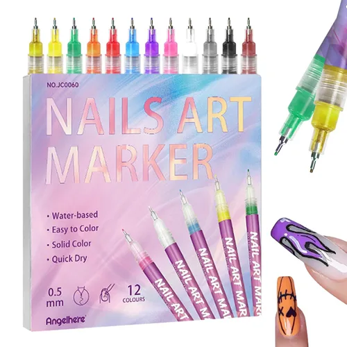 Miniatura 12 de Juego de 12 bolígrafos para arte de uñas, 0.020 in, de secado rápido, marcadores de pintura acrílica, para pintar, dibujar, pintar, puntos de uñas
