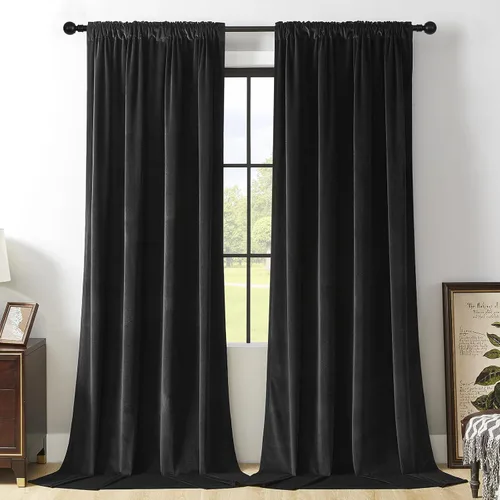 Miniatura 12 de Joydeco Cortinas de terciopelo negro de 63 pulgadas de largo, 2 paneles, cortinas opacas de lujo con bolsillo para barra, cortinas de ventana