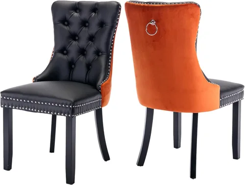 Miniatura 46 de Juego de 2 sillas de comedor de terciopelo, silla de comedor tapizada de alta gama con tirador de anillo en la espalda, adorno de clavos y patas